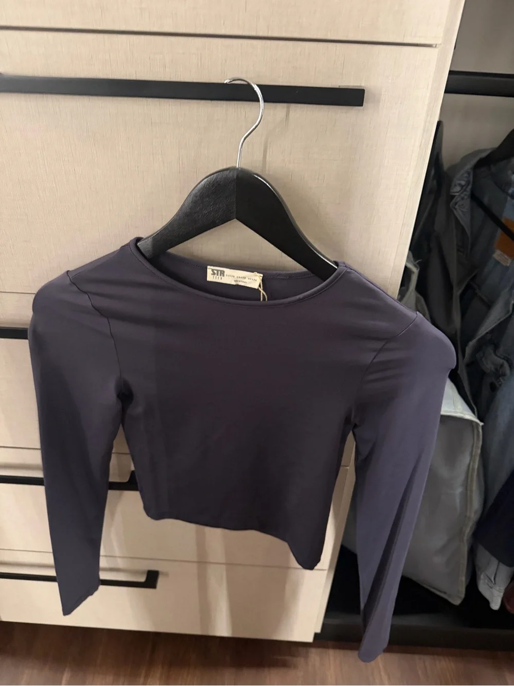 Bershka Long Sleeve Crop Top in Deep Navy